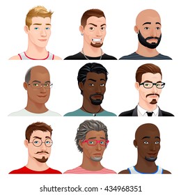 Different male avatars. Vector isolated characters.