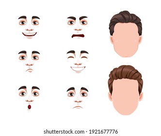 Different male emotions set. Blank faces and expressions of handsome man. Choose emotions you need. Stock vector illustration