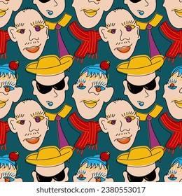 Сollage of different male faces. Seamless pattern with abstract human portraits. Vector illustration.