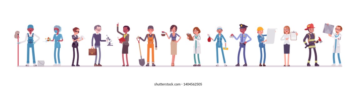 Diferentes profesiones y negocios masculinos y femeninos. Trabajadores, en la ocupación juntos, sindicato de empleados, carrera. Dibujo de dibujos animados de estilo plano vectorial aislado, fondo blanco, longitud completa