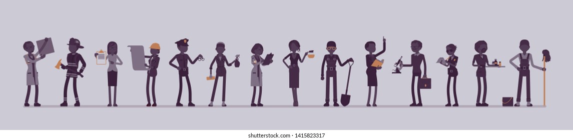 Different male, female professions and business. Working people, in occupation standing together, employee union, career. Vector illustration with faceless characters, full length