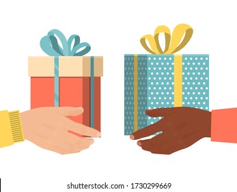 Different Male Hand Hold Present Box Gift, Christmas Souvenir Isolated On White, Flat Vector Illustration. International Grant Exchange Concept Xmas Holiday, Man Arm Give New Year Carton