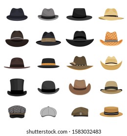 Different male hats. Fashion and vintage man hat collection vector image, derby and bowler, cowboy and peaked cap, tyrolean and summer straw hat, military beret