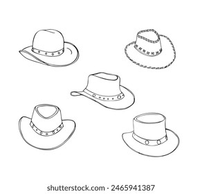 Different male hats. Fashion and vintage man hat collection image. Cowboy hat vector set. Hand-drawn Wild West headwear. 