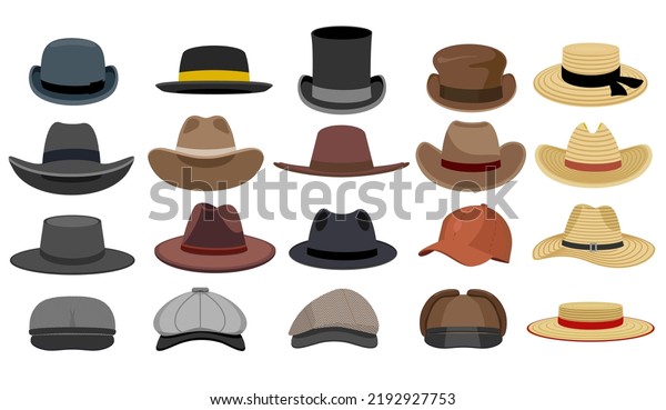 Different male hats. Fashion and vintage man\
hat collection image, derby and bowler, cowboy and peaked cap,\
straw hats and gentlemen cap set isolated. Flat design style.\
Vector cartoon\
illustration