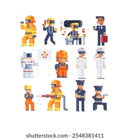 Different male profession set pixel art 80's style. Men characters. Spacecraft pilot, police officer, firefighter, worker, programmer, businessman, builder and captain. Isolated vector illustration.