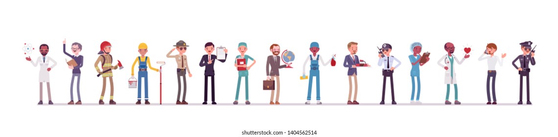 Distintas profesiones y negocios masculinos. Trabajadores, hombres en la ocupación juntos, sindicato de empleados y carrera. Dibujo de dibujos animados de estilo plano vectorial aislado, fondo blanco, longitud completa