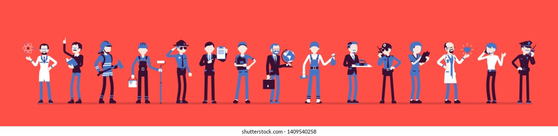 Different male professions and business. Working people, men in occupation standing together, employee union and career. Vector illustration with faceless characters, full length