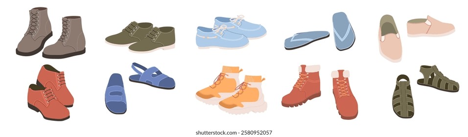 Different male shoes, sneakers, boots, sandals isolated set