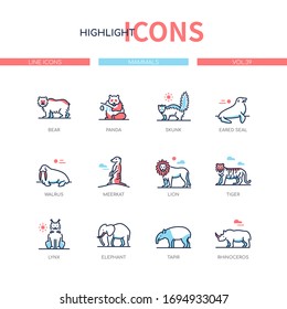 Different mammals - modern line design style icons set with blue, red colors. Various wild animals collection. Bear, panda, skunk, seal, walrus, meerkat, lion, tiger, lynx, elephant, tapir, rhino