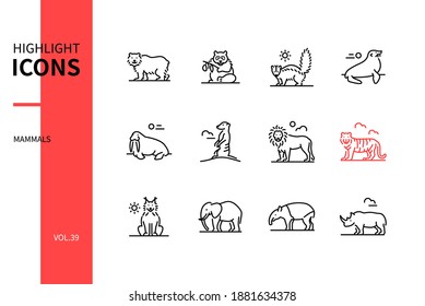 Different mammals - modern line design style icons set. Black and white images. Various wild animals collection. Bear, panda, skunk, seal, walrus, meerkat, lion, tiger, lynx, elephant, tapir, rhino