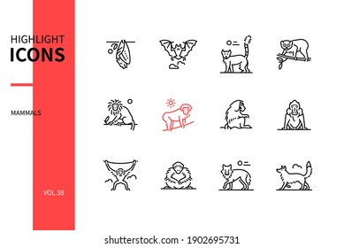 Different mammals - modern line design style icons set. Black and white images. Various animals concept. Bat, lemur, slow loris, tamarin, macaque, hamadryas baboon, mandrill, gibbon, wolf, fox