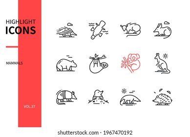 Different mammals - modern line design style icons set. Various animals concept. Black and white images of a echidna, opossum, bandicoot, wombat, koala, kangaroo, sloth, anteater, armadillo, mole