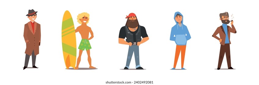 Different Man Character Standing and Smiling Vector Set