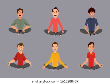 Different man characters relaxing meditation or doing yoga. Custom character for your design, video, animation or motion.