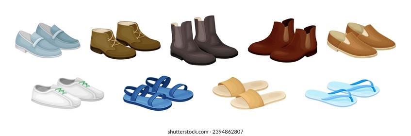 Different Man Shoes and Fashionable Footwear Vector Set