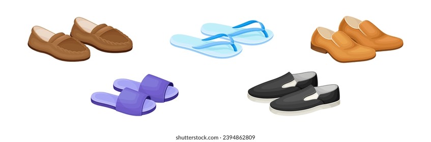 Different Man Shoes and Fashionable Footwear Vector Set