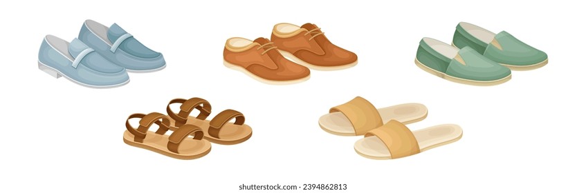 Different Man Shoes and Fashionable Footwear Vector Set