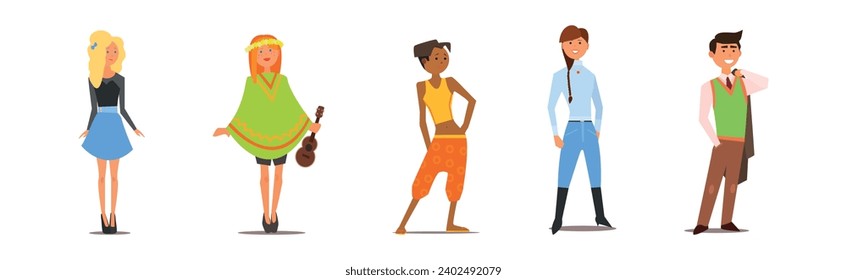 Different Man and Woman Character Standing and Smiling Vector Set