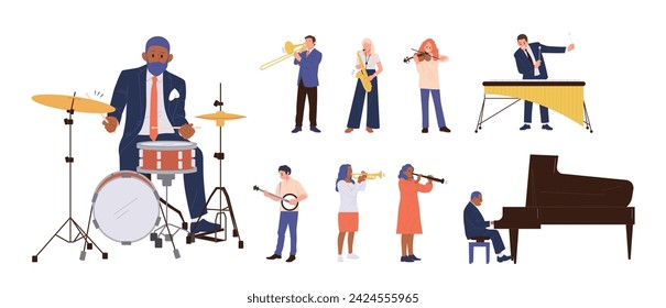 Diferentes músicos de hombre y mujer personajes de dibujos animados tocando varios instrumentos musicales