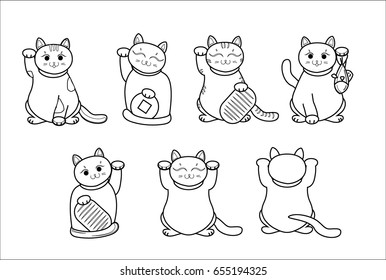 Different Maneki neko / neco set, a cat with a raised paw Japanese luck symbol, vector illustration, with coin, fish