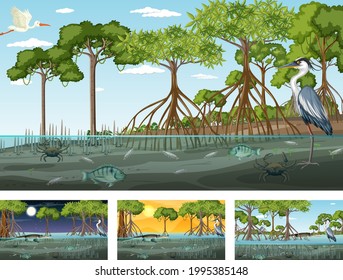Different mangrove forest landscape scenes with animals illustration