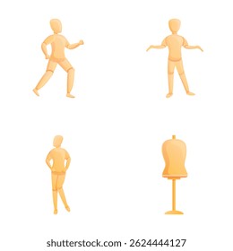 Diferentes ícones de manequim definem o vetor de desenhos animados. Novo manequim atelier. Equipamento para atelier e loja
