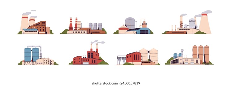 Different manufacturing set. Chemical plant, metallurgical production. Nuclear and thermal power stations generate energy. Factories buildings with chimneys. Flat isolated vector illustration on white