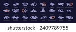 Different marine knots set. Learning, tutorial who to reef climbing nodes. Carrick, running, eight figure bonds. Hiking string bundles with hitch, sailor rope ties. Flat isolated vector illustration