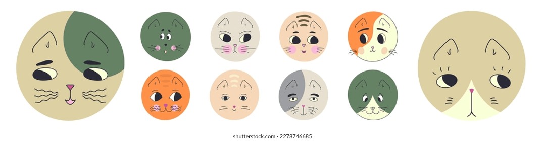 Different mascots, black eyes cats. Creative shapes, various emoticons, cat drawing. Vector cartoon illustration
