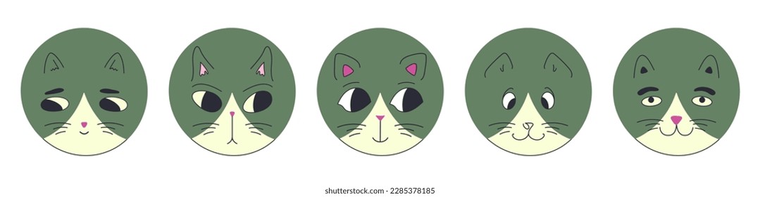Different mascots, black eyes cats. Funny figures, different impressions, rounded kitten face. Vector cartoon illustration
