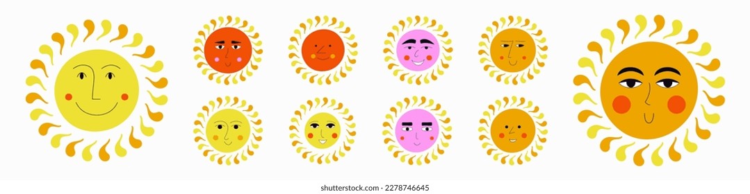 Different mascots, optimistic suns. Creative shapes, various emoticons, retro sun. Vector cartoon illustration
