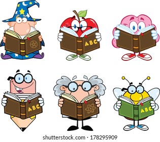 Different Mascots Reading A Book Cartoon Characters. Set Vector Collection