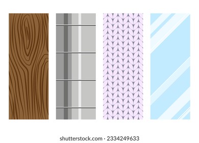 Different material textures vector illustrations set. Cartoon drawing of wood, metal, fabric and glass patterns for making furniture or decorating house. Interior design, renovation concept