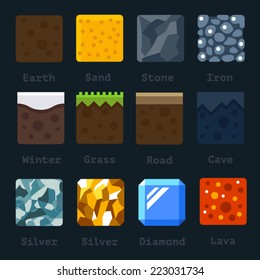 Different materials and textures for the game. Vector flat tile set. Ground, sand, stone, gold, silver, lava, metal, iron, snow