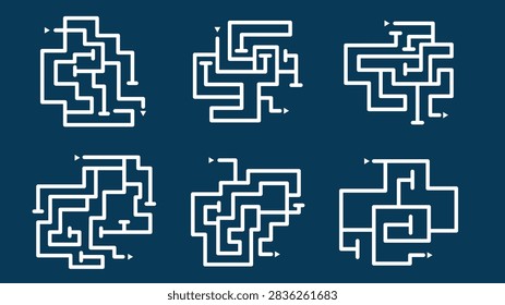 Different mazes templates. Flat maze for children development play, labyrinth. Simple puzzle game, education, kindergarten or preschool playful time, vector design