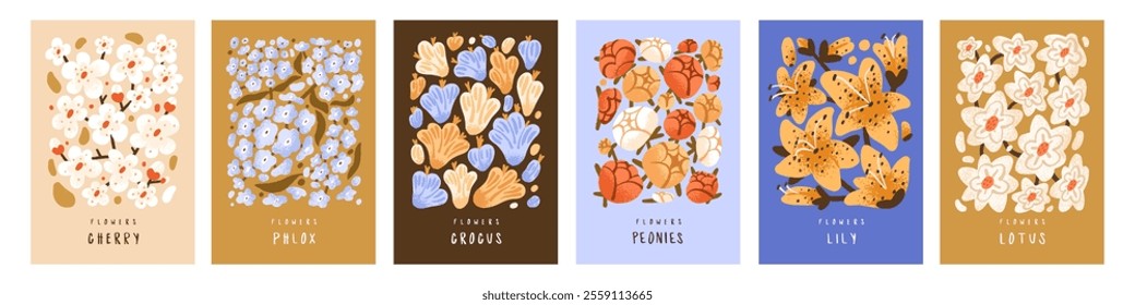 Different meadow flowers on posters set. Designs of floral cards with wildflowers, blossom plants: crocus, lily, lotus, peony, phlox, bloom cherry. Botanical wall arts. Flat vector illustrations