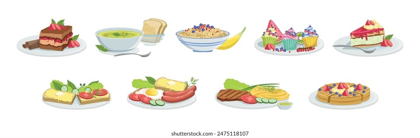 Different Meal and Food Served on Plate Vector Set