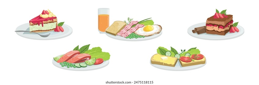 Different Meal and Food Served on Plate Vector Set