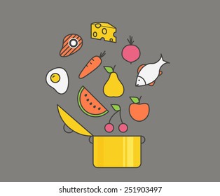 Different meals flow into open casserole. Design concept