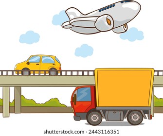 Different means of transportation for travel and delivery.Truck for cargo transportation and heavy load delivery. Air transportation by plane. Vector illustration