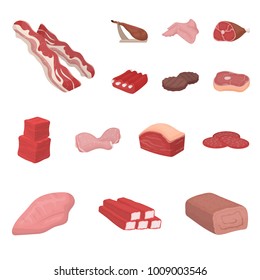 Different meat cartoon icons in set collection for design. Meat product vector symbol stock web illustration.