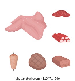Different meat cartoon icons in set collection for design. Meat product vector symbol stock web illustration.