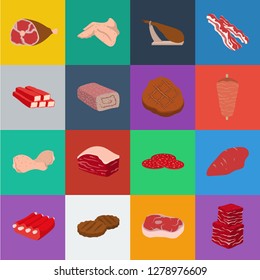 Different meat cartoon icons in set collection for design. Meat product vector symbol stock web illustration.