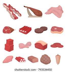 Different meat cartoon icons in set collection for design. Meat product vector symbol stock web illustration.