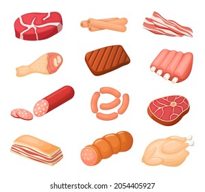 Different meat cartoon products vector set. Chicken, sausages and bacon. Steaks, pork and ribs collection. Beef, ham, fillet and lamb, product ingredient illustration.