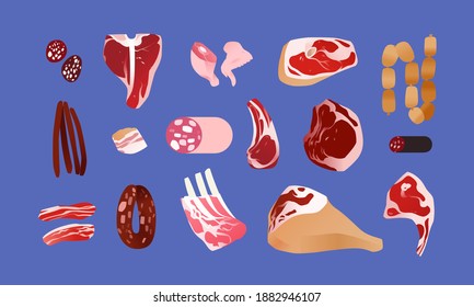 Different meat cuts. Food concept illustration, raw meat vector icons