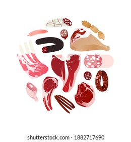 Different meat cuts managed into circle. Food concept illustration, raw meat vector icons
