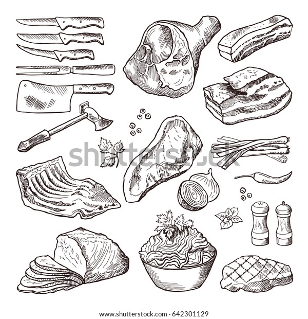 違う肉料理 豚肉 ベーコン 台所用品 ナイフと斧のベクター画像 手描きの肉と切り肉のイラスト用ナイフ のベクター画像素材 ロイヤリティフリー