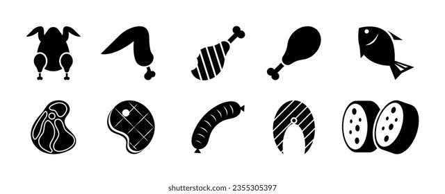 Different meat food vector icons. Product package signs for meat and fish.